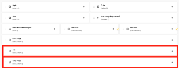 The fields for the tax and total price.