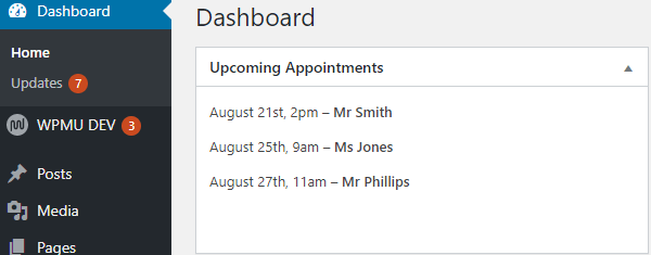 Screenshot of a custom widget showing some upcoming appointments.
