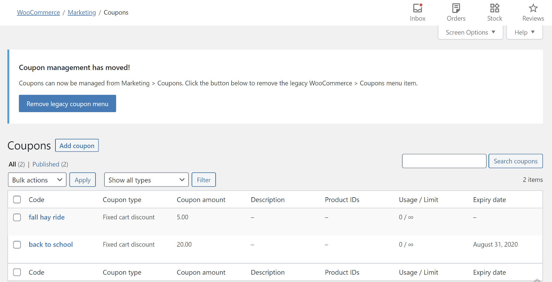 WooCommerce coupon management screen.