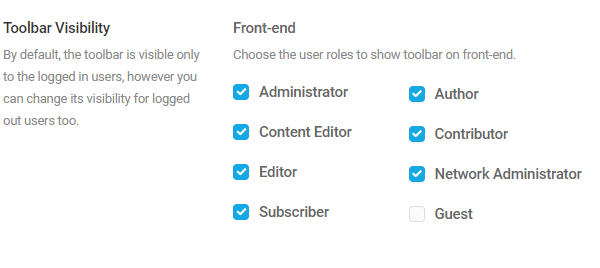 Screenshot of the admin bar permission checkboxes.