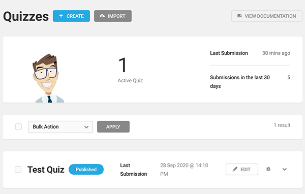 Forminator's quizzes dashboard.