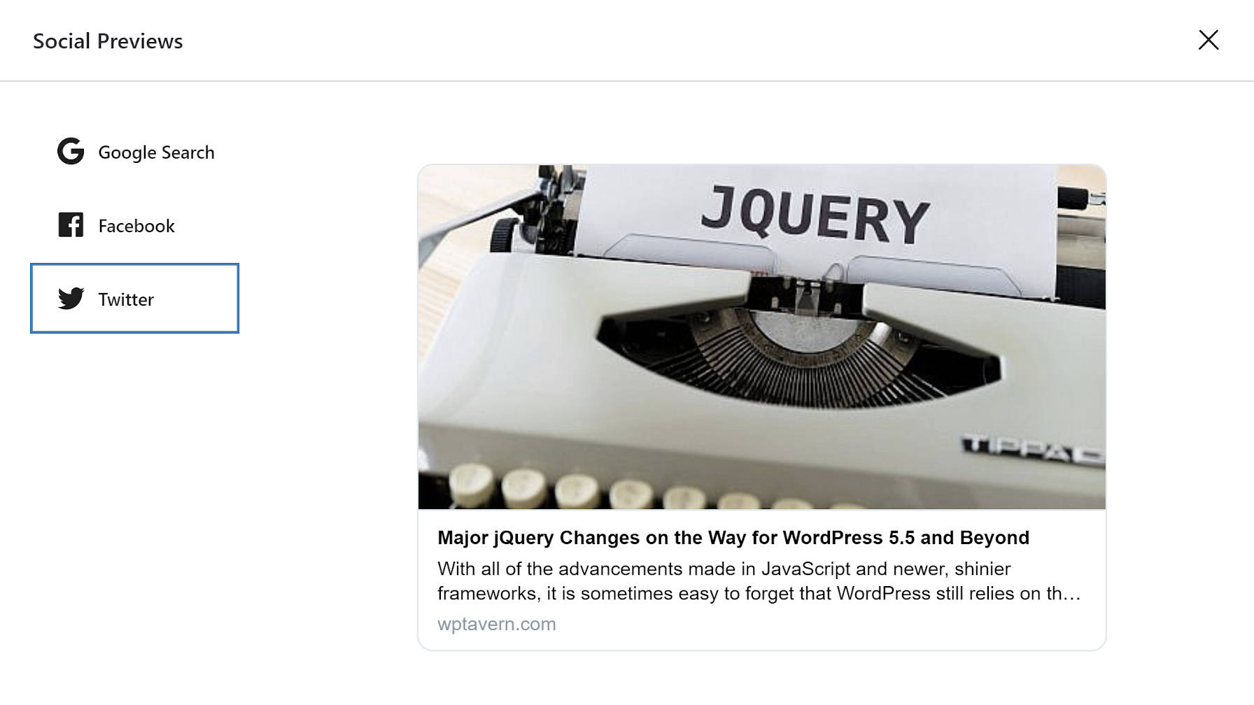Social Previews modal from the Jetpack plugin.
