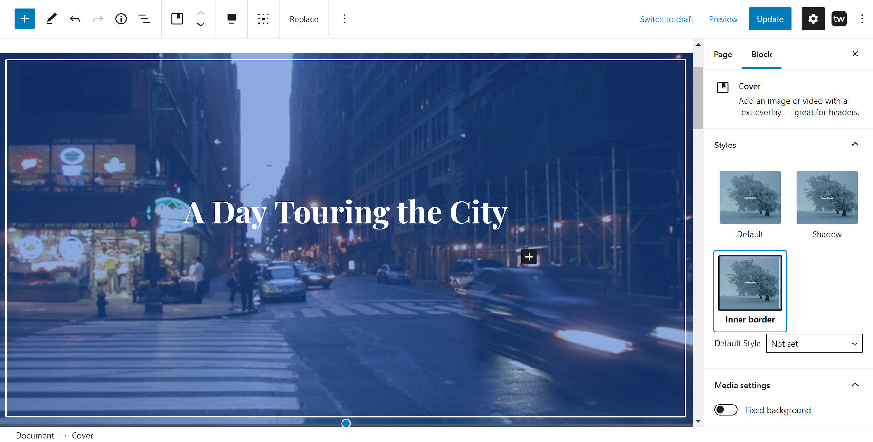 Custom inner border style from the Twentig WordPress plugin on the Cover block.