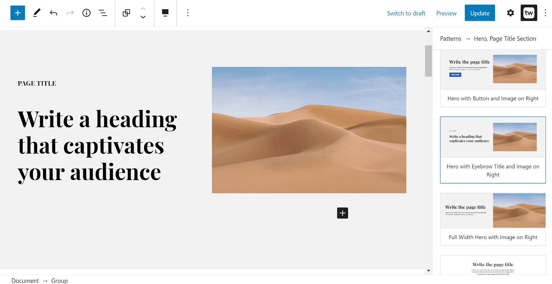 Custom hero pattern from the Twentig WordPress plugin in the block editor.