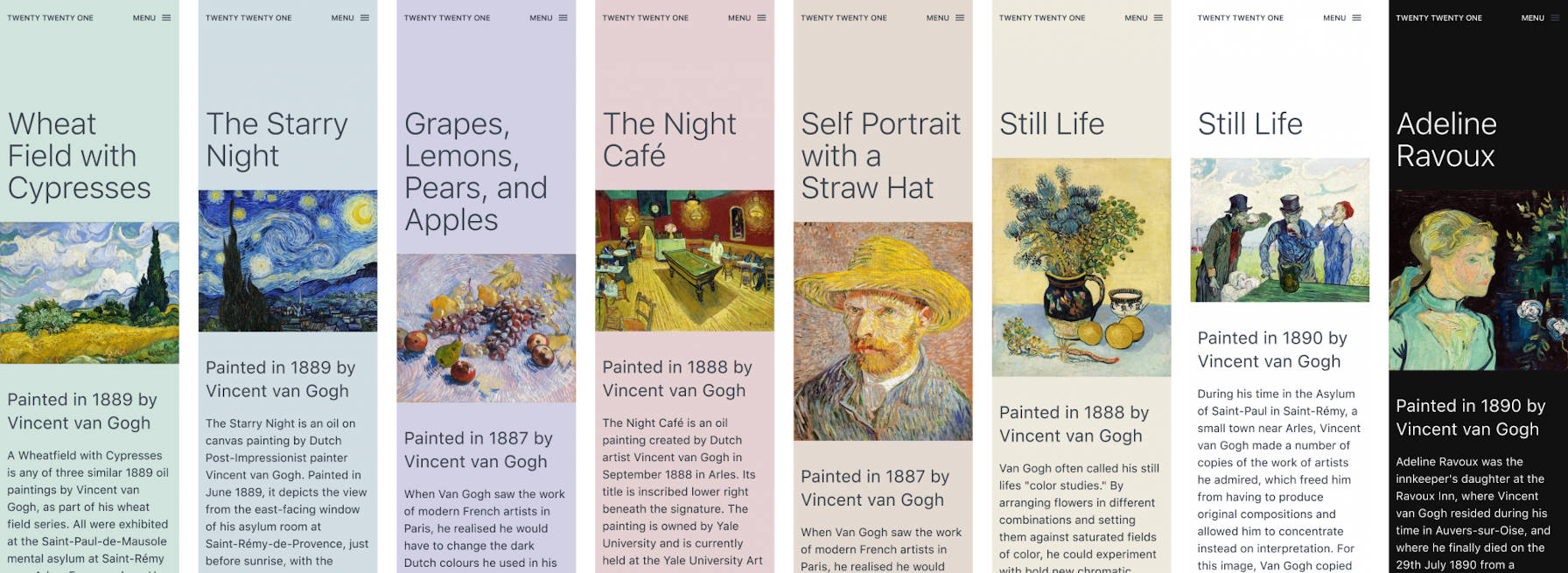 Color palette options for the Twenty Twenty-One WordPress theme.