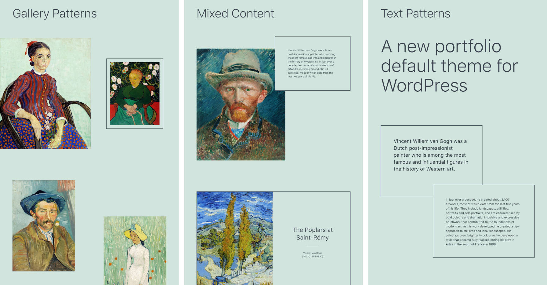 Three block patterns provided by the Twenty Twenty-One WordPress theme.