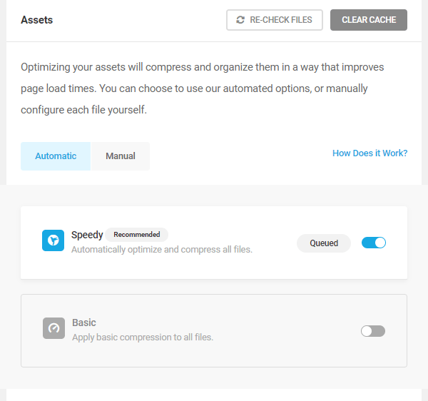 Screenshot of the new asset optimization settings showing the basic and speedy options.