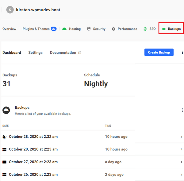 Screenshot of the backups tab in the hub showing 31 backups