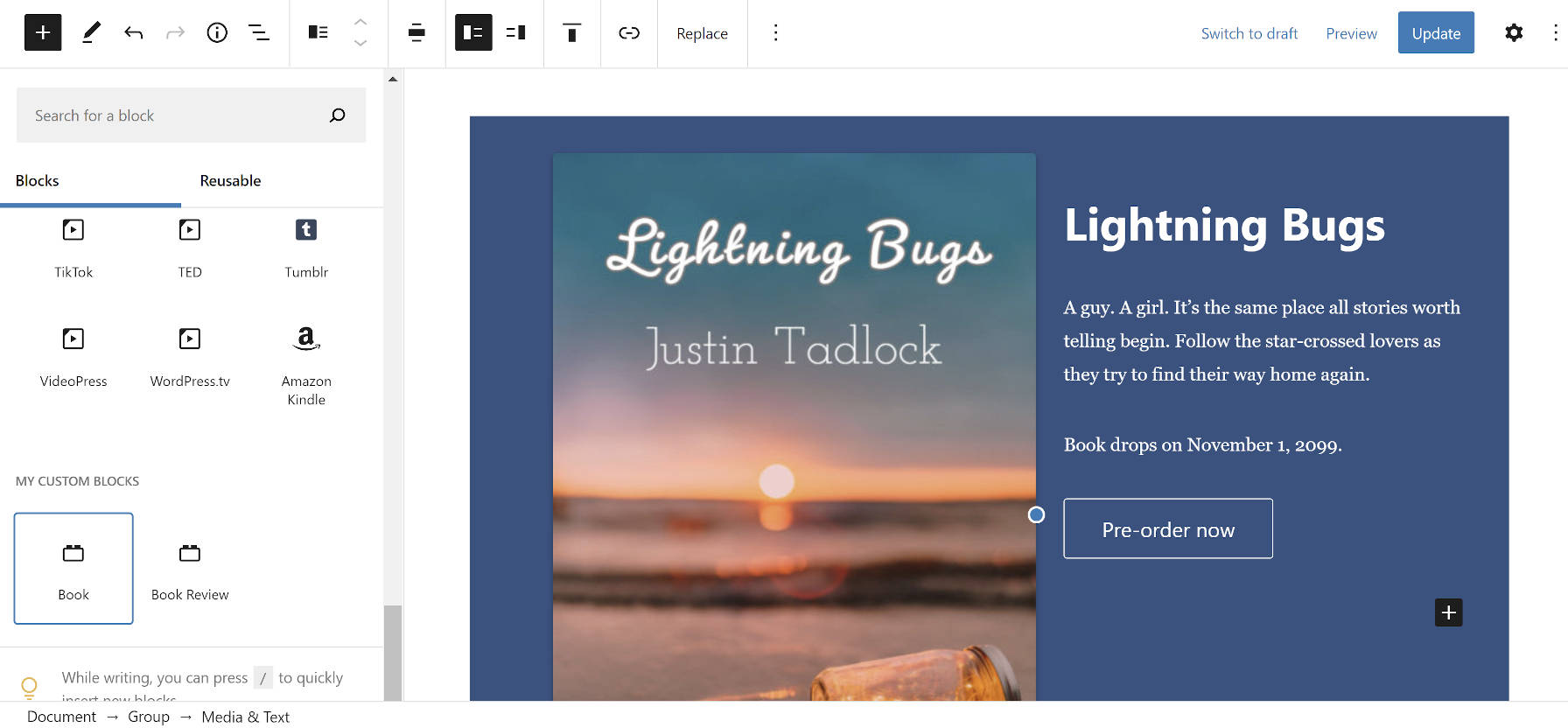 Custom blocks created with EditorPlus in the block inserter.
