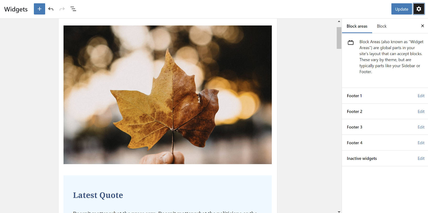 Widgets admin screen from the Gutenberg 9.1.1 WordPress plugin.