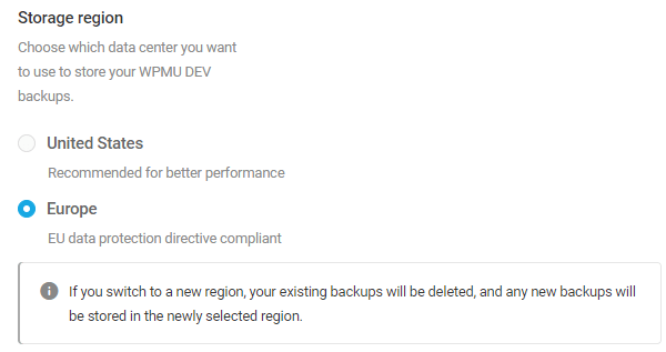 Screenshot of the storage region options allowing you to choose between the US and Europe.