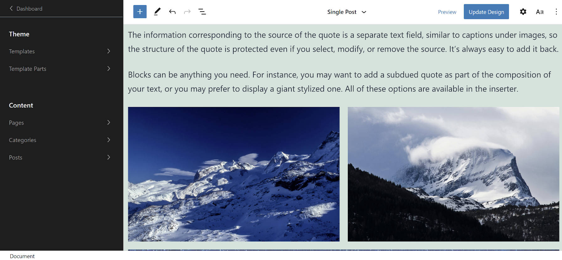 Twenty Twenty-One Blocks theme in the Gutenberg site editor.