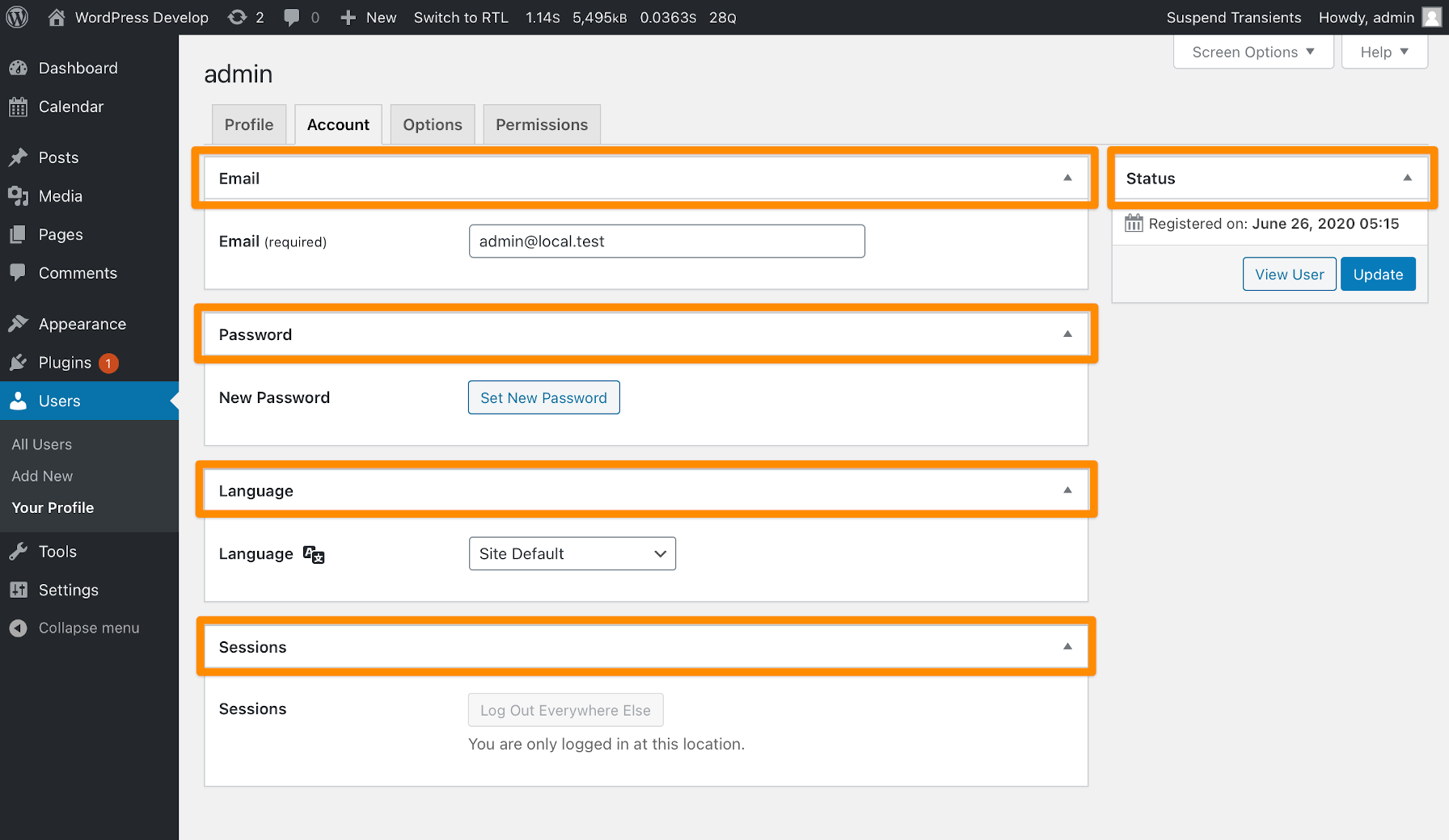 Meta boxes from the WP User Profiles custom admin screen.