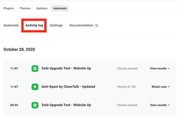 The activity log in The Hub.