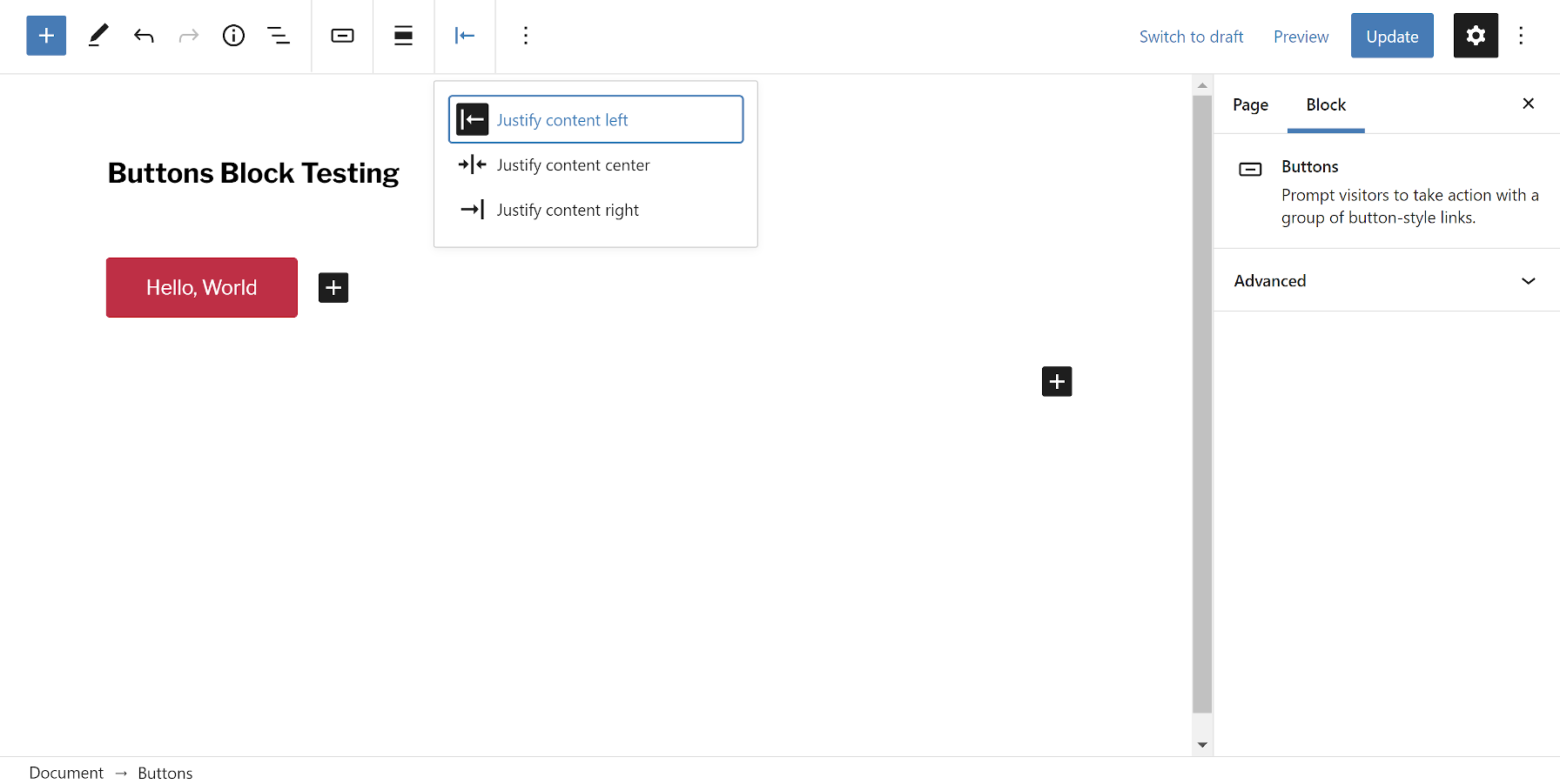 New content justification option for the Buttons block in the editor.