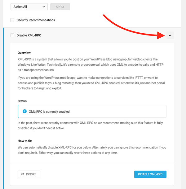 The dropdown of a security issue.