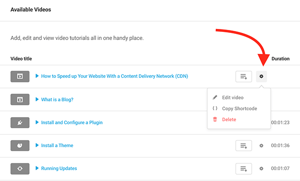 Where you edit, copy shortcode, and delete a video.