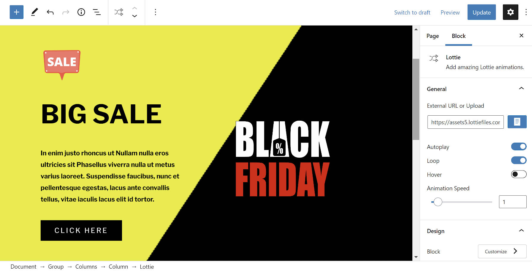 Screenshot of a Black Friday Lottie animation block pattern from Gutenberg Hub.