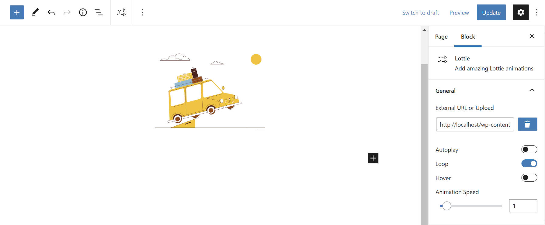 Still shot of an animated bouncy car Lottie animation file.