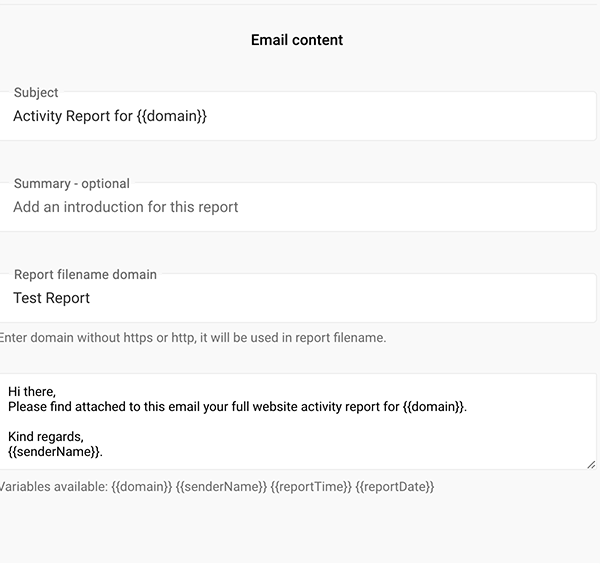 Email customization options.