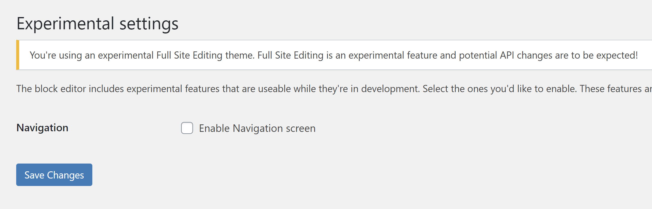 Notice given on Gutenberg Experiments screen that user is on a FSE theme.