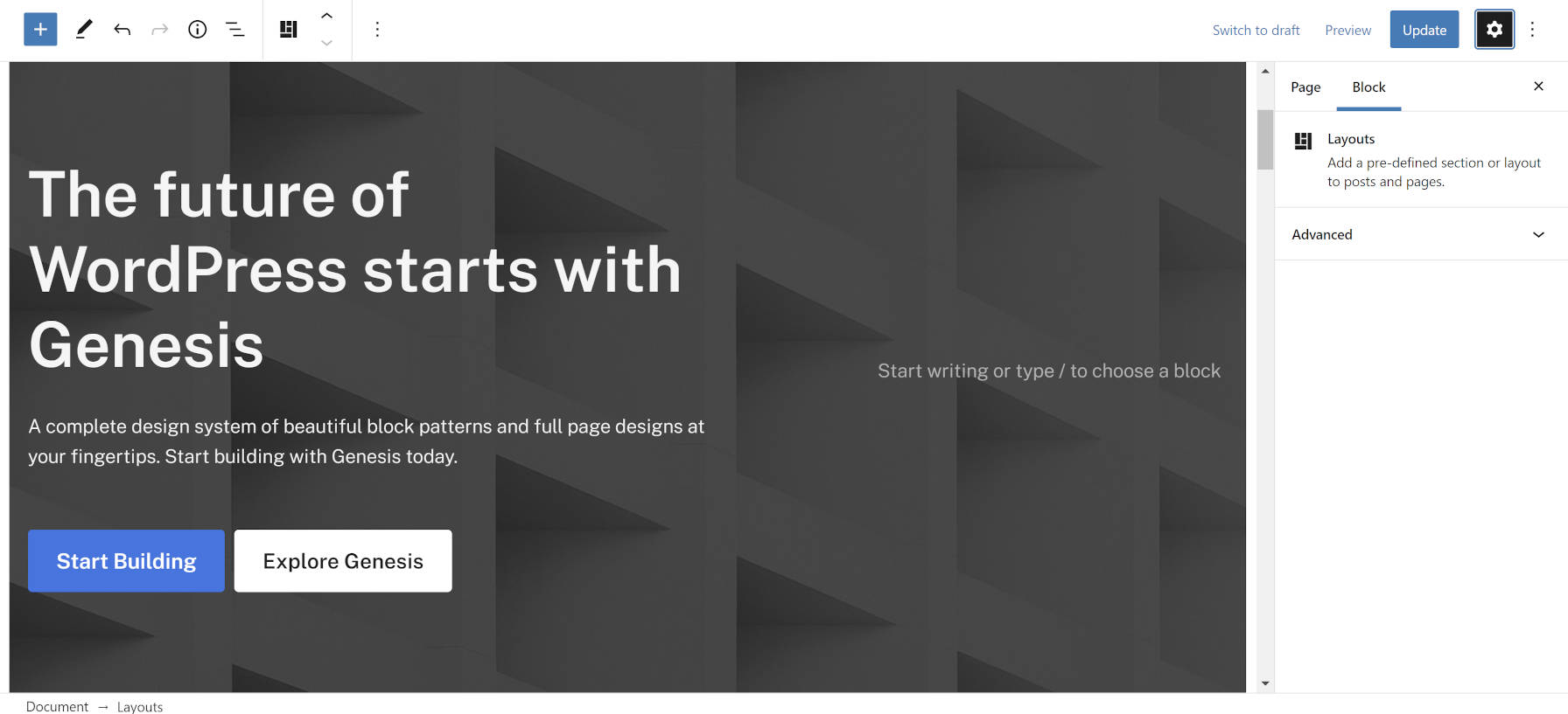Editing a layout in the editor while using the Genesis Block theme beta.