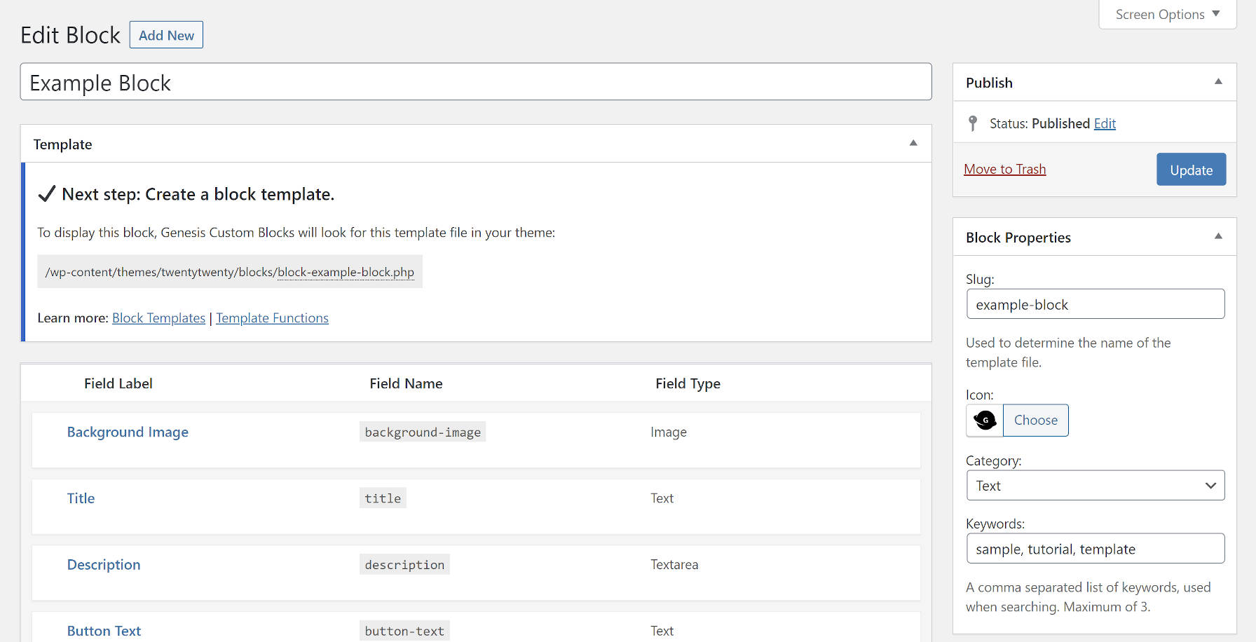 Genesis Custom Blocks block-editing screen.