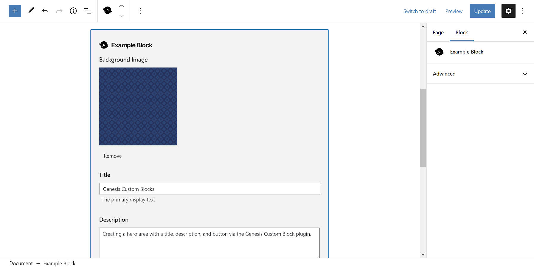 Editing a block from Genesis Custom Blocks in the WordPress editor.