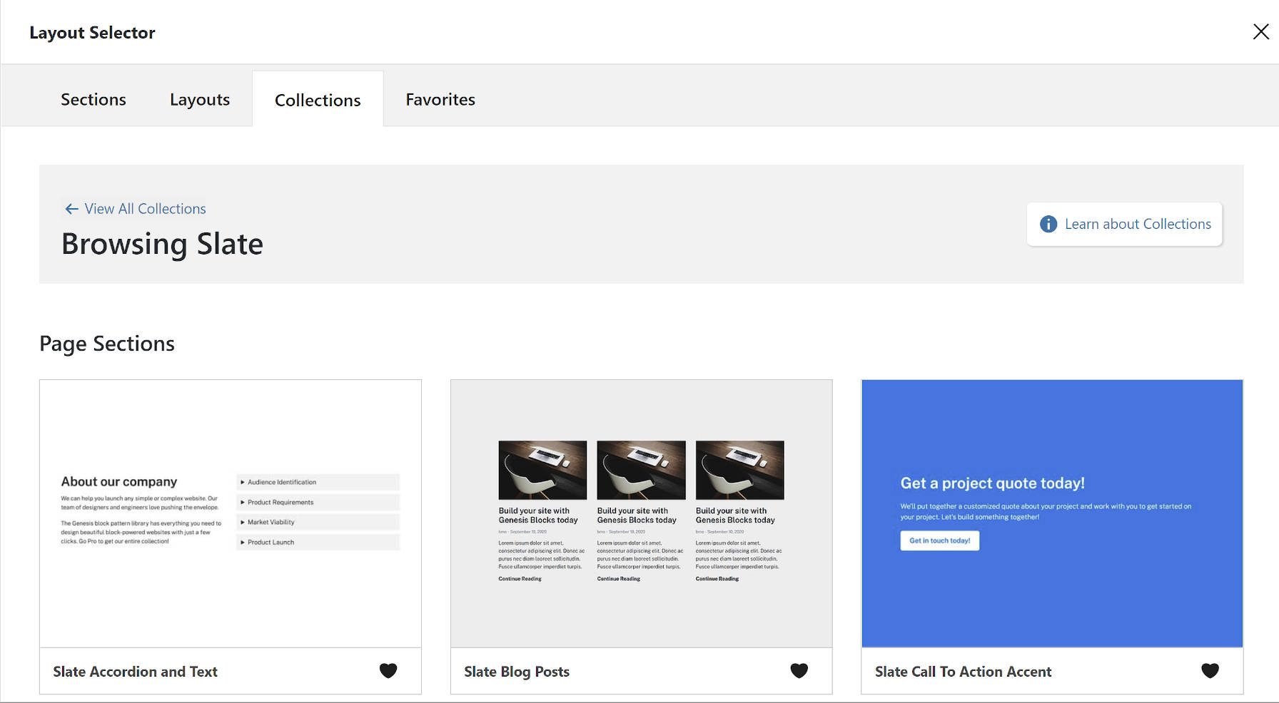 Popup overlay to select from a Genesis Blocks collection.