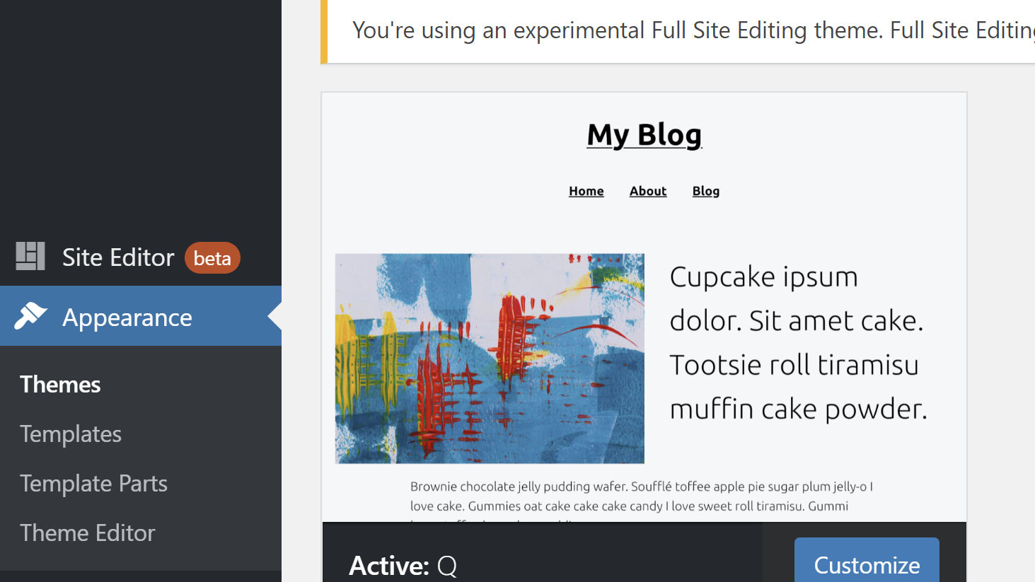 Themes screen in the WordPress admin, showing the missing Customizer and Widgets menu items.