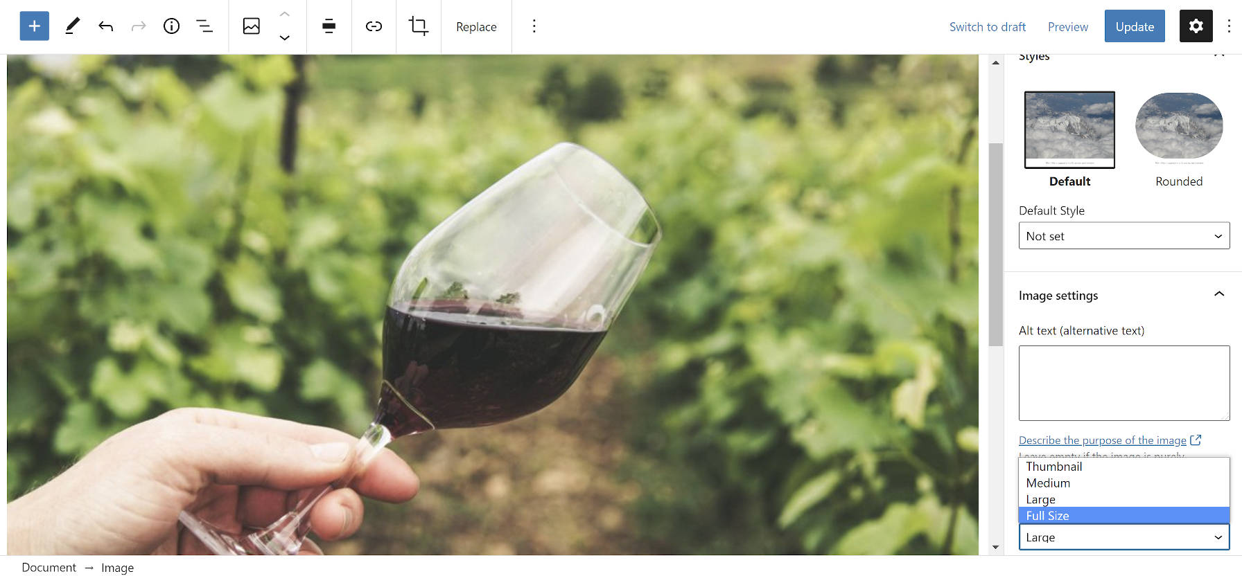 Adjusting an image block's settings in the WordPress editor.