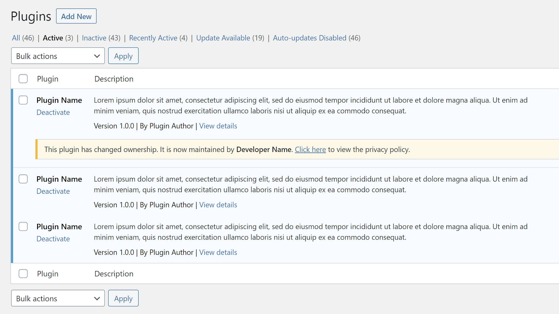 Plugin management screen with one plugin showing a notice of change of ownership.