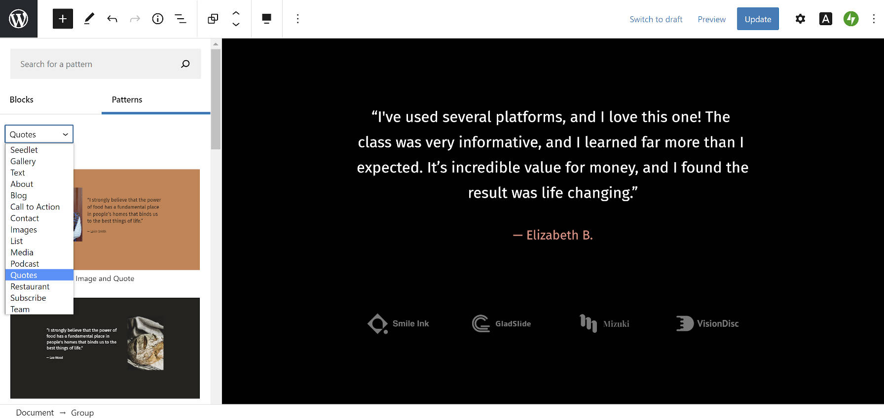 Quotation block pattern in the WordPress.com editor.