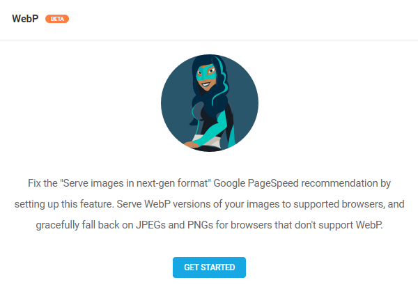 Screenshot of the webp activation screen with the getting started buttoin.