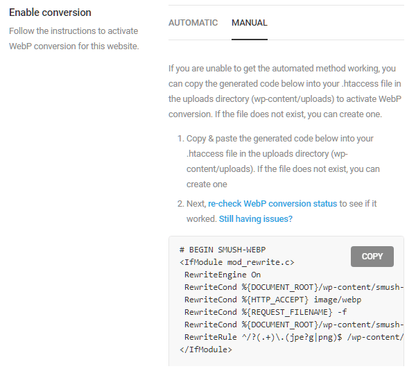 Screenshot of the configuration instructions within Smush.