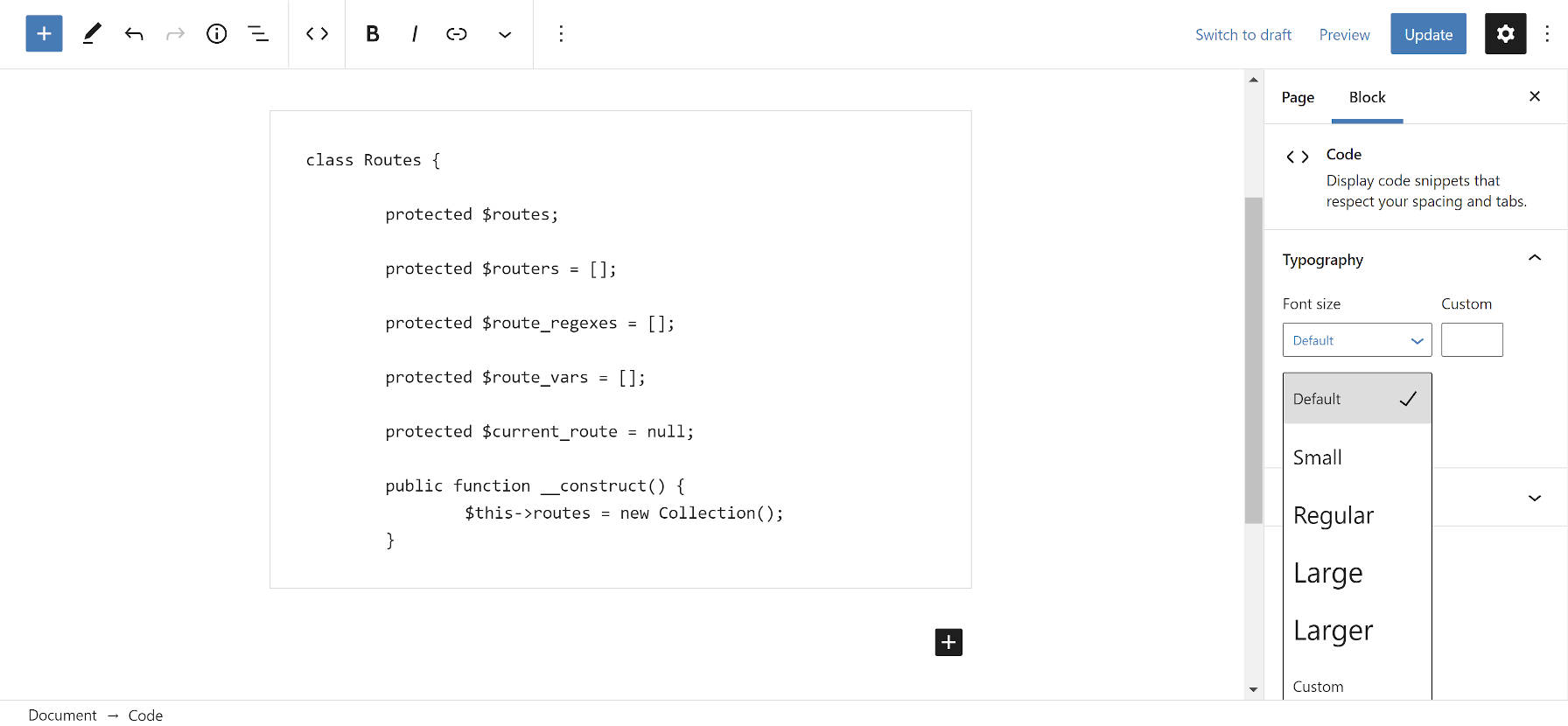 Adjusting the font size of the Code block in the WordPress editor.