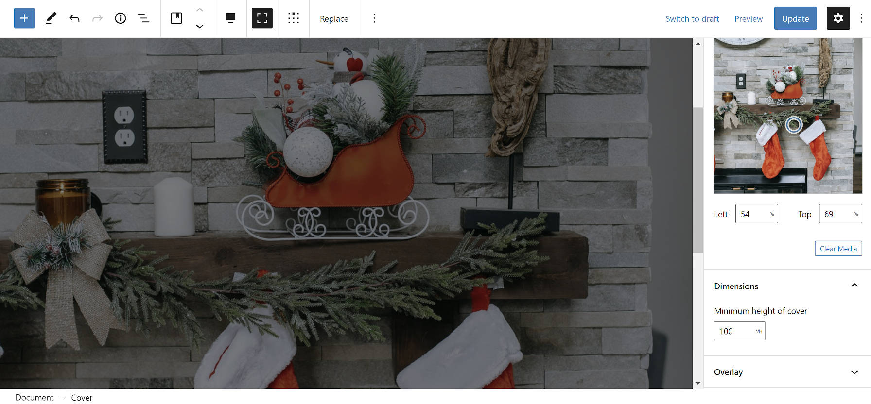 Using the full height alignment option with the Cover block in the WordPress editor.