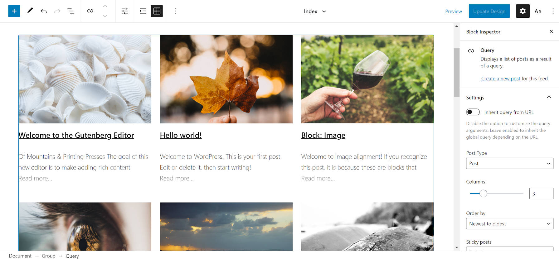 Customized version of the Query block while in grid view.