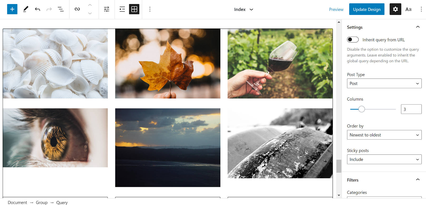 Grid view of the Query block in the WordPress editor.