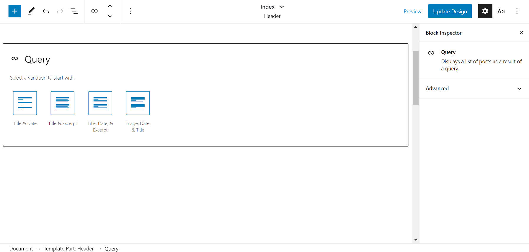Initial Query block variations in the WordPress editor.