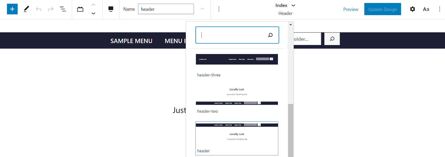 Armando WordPress theme header template selection.
