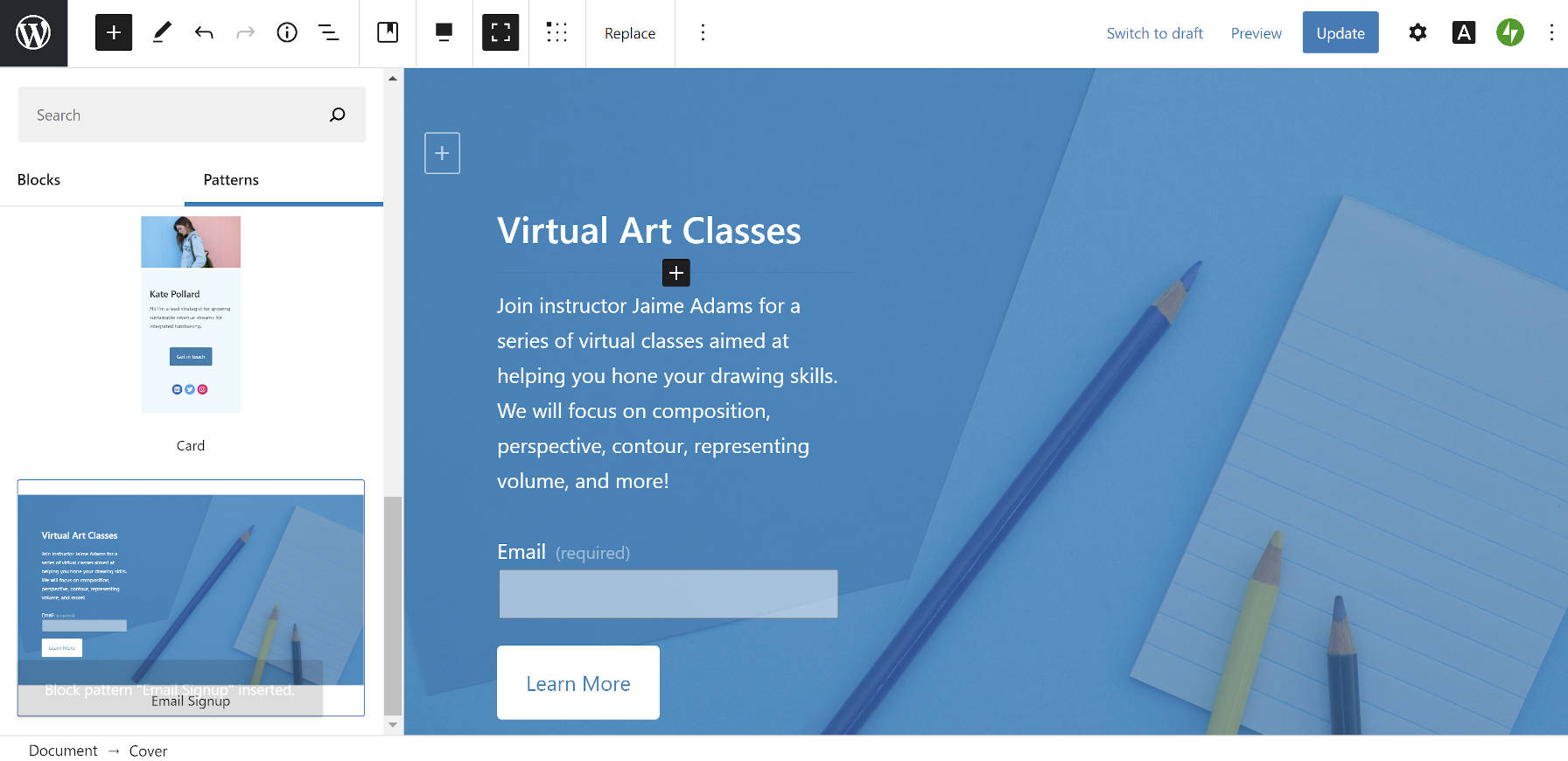 Email Signup pattern from the Blank Canvas WordPress theme in the block editor.