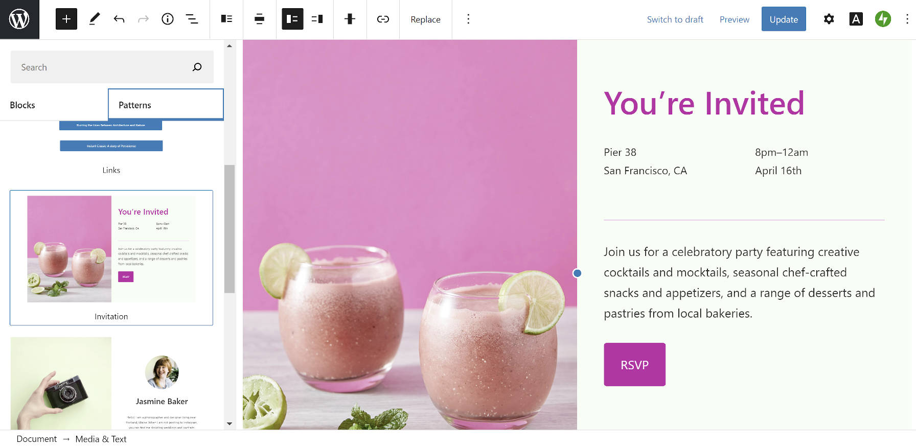 Invitation block pattern from the Blank Canvas theme in the WordPress editor.