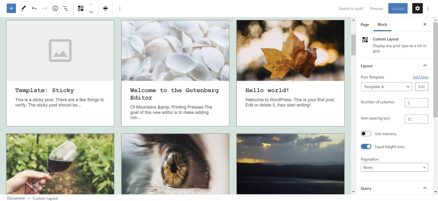 Custom Layouts block in the WordPress editor.