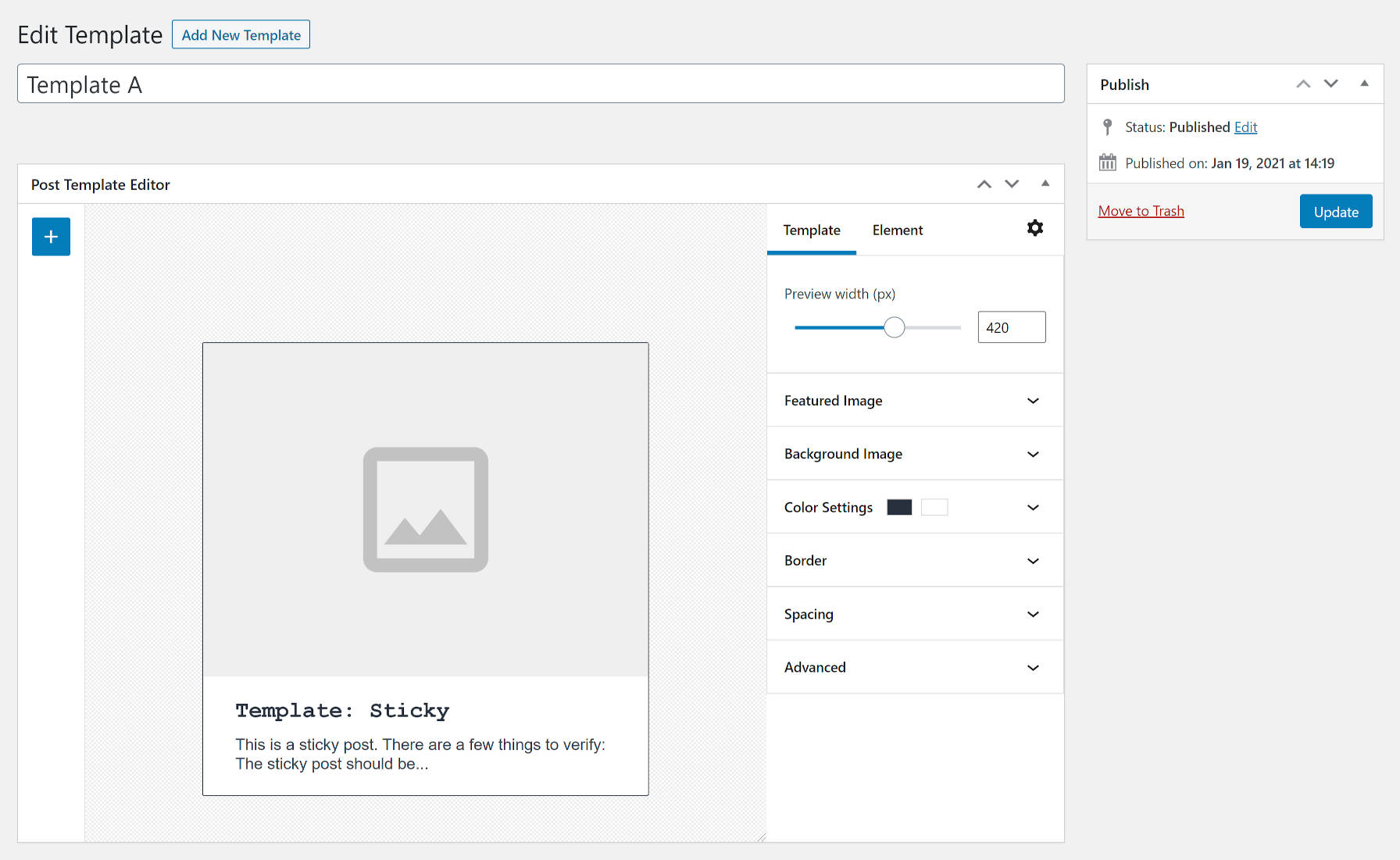 Template-editing screen from the Custom Layouts WordPress plugin.