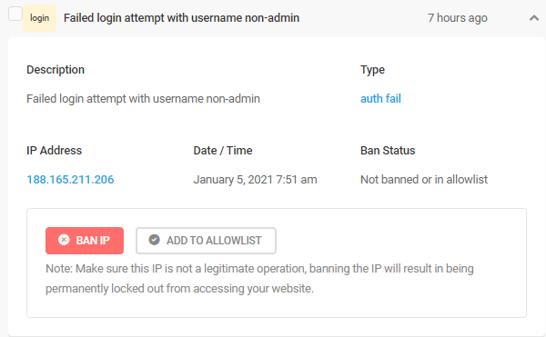 Screenshot of a failed login attempt showing the IP address and date and time.
