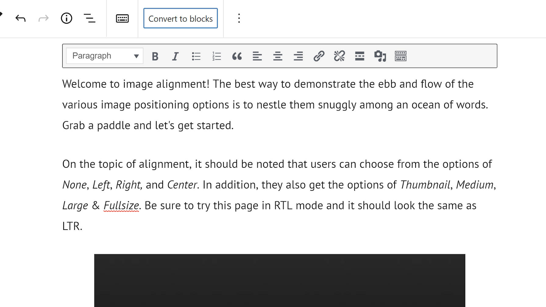 Classic block in the editor with the "Convert to blocks" button highlighted.
