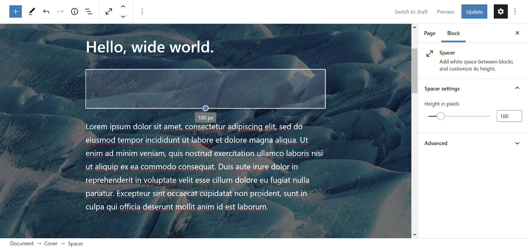 Using the Spacer block, which now has a semi-transparent color, within a Cover block in the WordPress editor.