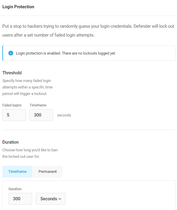 Screenshot of the login protection screen showing it set up to ban after 5 failed logins within 300 seconds?