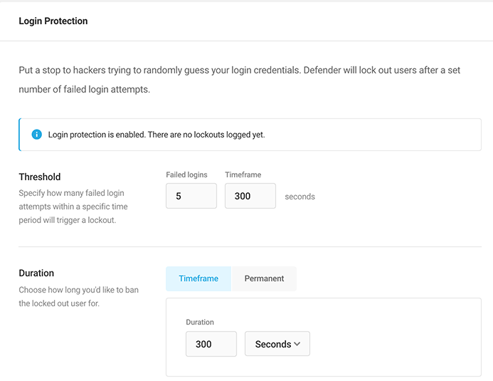 The login protection area in Defender.